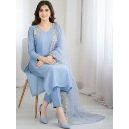 LIVIX Women Ethnic Motifs Embroidered Regular Gotta Patti Kurta with Trousers & With Dupatta-picture-34