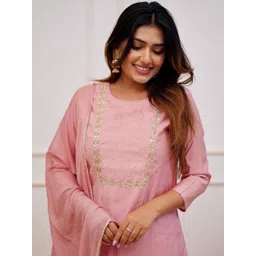 LIVIX Women Ethnic Motifs Embroidered Regular Thread Work Chanderi Silk Kurta with Trousers & With Dupatta-picture-24