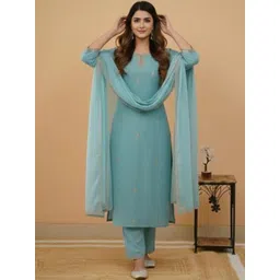 LIVIX Women Ethnic Motifs Embroidered Regular Thread Work Kurta with Trousers & With Dupatta-picture-35