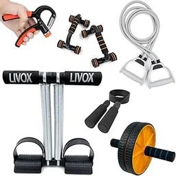 Livox Gym Exercise Equipment Home Workout Combo Set for Men and Women (Tummy Trimmer, Hand Gripper, Skipping Rope, Pushup Stand, Dual Wheel Roller, Toning Resistance Band) – Pack of 6-picture-32