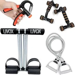 Livox Gym Exercise Equipment Combo Set for Home Workout Men and Women Gym Kit (Tummy Trimmer, Dual Toning Tube Band, Push Up Bar Stand, and R-Hand Grip)-picture-42