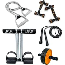 LIVOX Tummy Trimmer And Dual Wheel Abs Roller With Pushup Bar Stand, Skipping Rope, Double Toning Resistance Tube Home Gym Exercise Equipment for Men Women Gym Set Combo for Home Workout Multicolour-picture-23