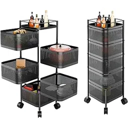 Livzing 5 Layer Metal Storage Rack | Revolving Vegetable Kitchen Rack | Square Multipurpose Storage Trolley with Wheels | Kitchen Cabinet Spice Rack | Trolley for Kitchen Accessories Items - Black-picture-15