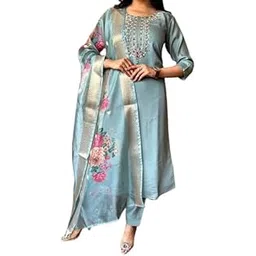 lizord fab Women's Yellow Silk Blend Embroidered Kurta Pant Set, Floral Print, with Organza Dupatta-picture-11