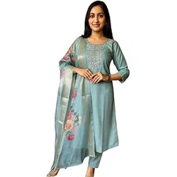 lizord fab Silk Blend Kurta Pant Set with Embroidered Dupatta, salwar trouser dupatta, Floral Print image 1