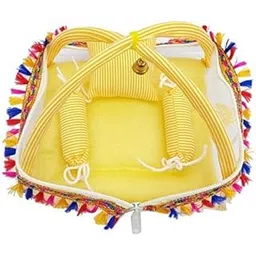 LMN CHILD CARE Laddu Gopal Kanah ji Comfortable Bed/Bister/Singhasan with Mosquito Net and 3 Pillows (0 to 6 (26 CM), Yellow)-picture-24