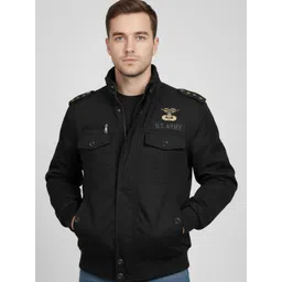 L'monte Men Solid Shoulder Tabs Spread Collar Cotton Bomber Jacket-picture-22