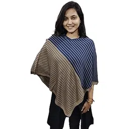 local styl Women Winter wear Striped Design Wool Poncho in Royal Blue and Brown Color-picture-42