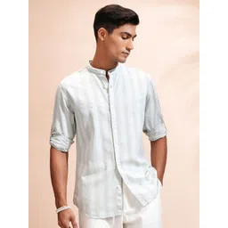 LOCOMOTIVE Men Band Collar Vertical Striped Cotton Casual Shirt-picture-10