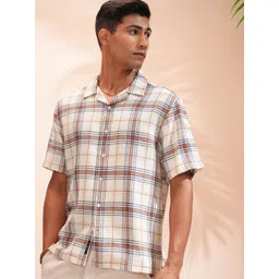 LOCOMOTIVE Men Cuban Collar Checked Cotton Relaxed Fit Casual Shirt-picture-25