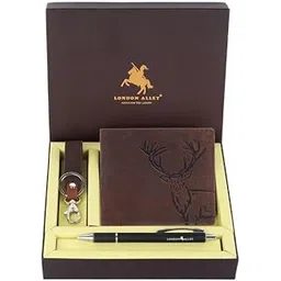 london alley Jason Vintage Brown Leather Wallet, Keyring & Pen Combo Gift Set for Men | Gift Hamper for Men-picture-15