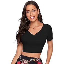 london belly Women's Cotton Lycra Half Sleeve V Neck Bodyfit Crop Top|Western Slim Fit Top-picture-15