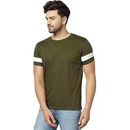 london hills Men's Half Sleeve 100% Pure Cotton Casual Round Neck with Stripe on Arm, Regular Fit Non-Shrinkable Multicolor T-Shirts-picture-38