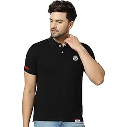london hills Men's Half Sleeve Cotton Blend Casual Polo Neck Regular Fit Non-Shrinkable Black T-Shirt (with Badge on Chest)-picture-39
