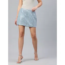 London Rag Embellished Sequinned Pure Cotton Distressed Denim Straight Mini Skirt-picture-22