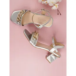 London Rag Women's Geometric Cut Silver Ankle Strap Sandals image 1