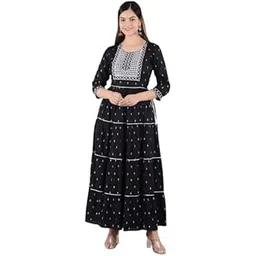 Long Gown for Womens,Rayon Gown, with Beautifull Design, 3/4 Sleeves with embrodries UK_21_BLACK3_L Black-picture-46