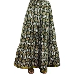 Long Printed Maxi Stylish Morden and Comfortable Cotton Skirt Dark Green-picture-32