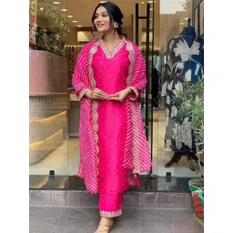 Lookmark Bandhani Printed V-Neck Sequinned Straight Kurta With Trouser And Dupatta-picture-17