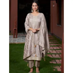 Lookmark Floral Embroidered Sequinned Round Neck Straight Kurta & Trousers With Dupatta-picture-38