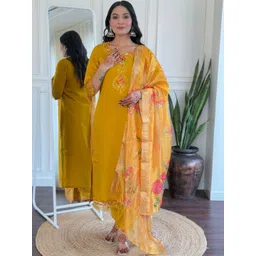 Lookmark Floral Embroidered Straight Thread Work Kurta With Salwar & Dupatta-picture-18