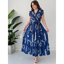 LookShine Women Graphic Printed V-Neck Flutter Sleeve Tiered Wrap Maxi Dress-picture-38