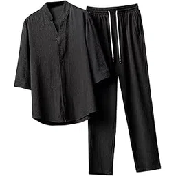 loom tree Men's Summer suits Casual Clothes Loose Pant 3/4 Sleeve Suit Beach 2XL Black | 1 Men'S 2 Pieces Shirt Set-picture-52