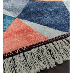 loomkart Blue Geometric Faux Silk 4 ft x 6 ft Hand Woven Carpet image 2