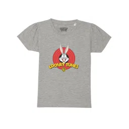 Looney Tunes by Wear Your Mind Girls Grey Looney Tunes Printed Puff Sleeves Pure Cotton T-shirt-picture-22