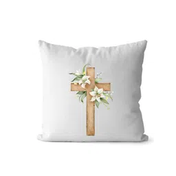 Loops n knots White & Brown Wooden Cross With Lily Flowers Printed Pre-Filled Cushion-picture-16