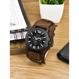 LORENZ Men Brass Patterned Dial & Leather Bracelet Style Straps Analogue Watch MK-4027R-picture-26