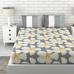 100% Cotton Bedsheet for Double Bed, 1 Double Bedsheet with 2 Pillow Covers | 144 TC Queen Size Double Bedsheet Cotton, Floral (White & Grey)-image-1