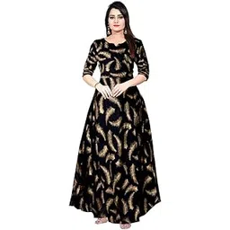 lorina Women's Full Sleeves Fit and Flare Rayon Printed Long Gown (Free Size Upto XXL) Blue-picture-50
