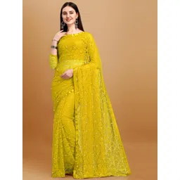 LOROFY Floral Embroidered Beads and Stones Lightweight Net Brasso Saree-picture-10