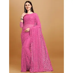 LOROFY Lightweight Beads and Stones Net Saree With Unstitched Blouse-picture-39