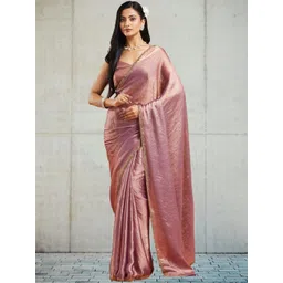 LOROFY Women Solid Embellished Border Beads and Stones Chanderi Saree image 1