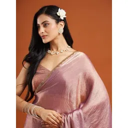 LOROFY Women Solid Embellished Border Beads and Stones Chanderi Saree image 4