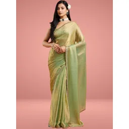 LOROFY Women Solid With Embellished Beads and Stones Detailed Border Chanderi Saree-picture-10