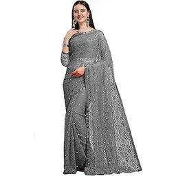 Lorofy Women's Net Saree With Blouse (Grey)-picture-51