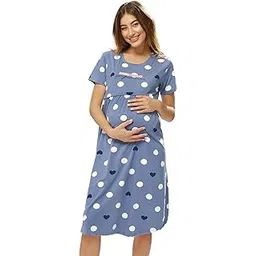lotik Women's Cotton Heart & Gola Printed Maternity & Feeding Calf Length Short Nighty-picture-22