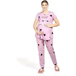 lotik Women's Cotton Heart Print Maternity & Feeding Nightsuit Set-picture-27