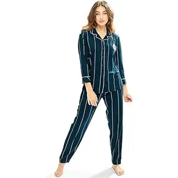lotik Women's Cotton Strip Printed Front-Open Full Sleeve Nightsuit-picture-12