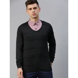 Louis Philippe Ath.Work Men Charcoal Grey Striped Pullover Sweater-picture-19