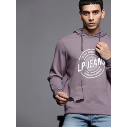 Louis Philippe Jeans Men Lilac & White Printed Pure Cotton Hooded Sweatshirt-picture-37