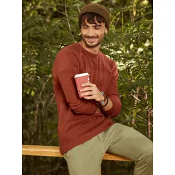 Louis Philippe Jeans Men Rust Typography Self Design Pullover Sweater-picture-26