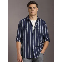 Louis Philippe Jeans Slim Fit Vertical Striped Spread Collar Cotton Casual Shirt-picture-26