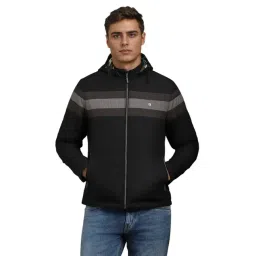 Louis Philippe Black Cotton Regular Fit Striped Hooded Jacket-picture-25