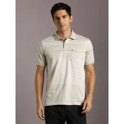 Louis Philippe Grey Cotton Regular Fit Striped Polo T-Shirt-picture-38