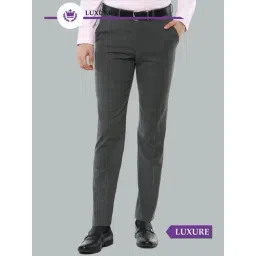 Louis Philippe Grey Slim Fit Checks Flat Front Trousers-picture-41