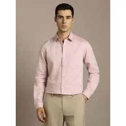 Louis Philippe Grid Tattersall Checked Spread Collar Cotton Linen Formal Shirt-picture-30